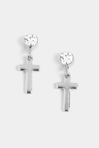 Whispers Clear Stone Cross Dangle Earrings Silver WN004779