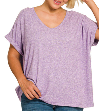 Zenana Soft Melange Hacci V-Neck Tee Lavender