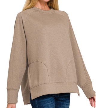 Zenana Scuba Round Neck Pullover Side Slits Cocoa