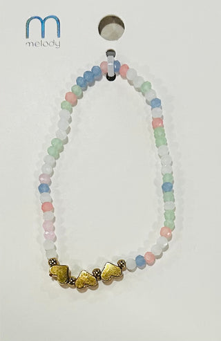 Love and Repeat Triple Gold Heart Charm Beaded Bracelet Blue