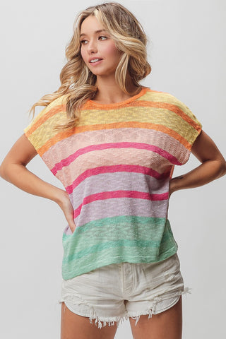 Bibi Multi Colors Stripe Sweater Top Apricot Combo Large
