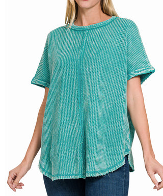Zenana Baby Waffle Acid Wash Short Sleeve Top Light Teal