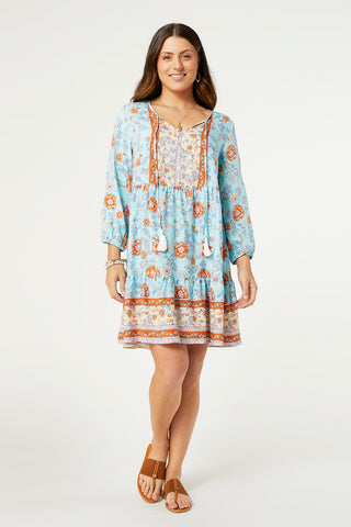 Coco+Carmen Adora 3/4 Sleeve V-Neck Tunic Dress Turquoise Floral
