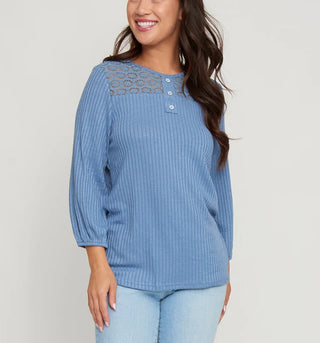 Elsie & Zoey Selena Ribbed Henley Top Slate Blue