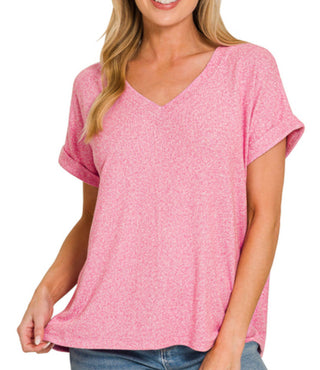 Zenana Soft Melange Hacci V-Neck Tee Candy Pink