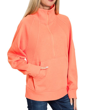 Zenana Half Zip Fleece Pullover W/ Kangaroo Pocket Coral