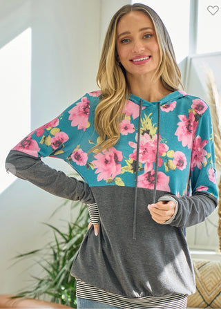 Lovely Melody Floral Print Hoodie Jade
