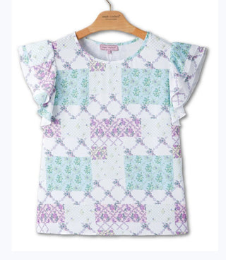 Simply Southern Ruffle Sleeve Top Purple Floral Patchwork