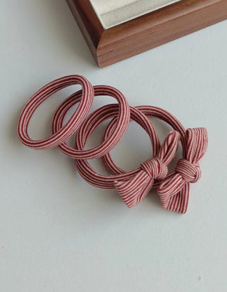Red Striped Bow Seamless Hair Ties Set of 4