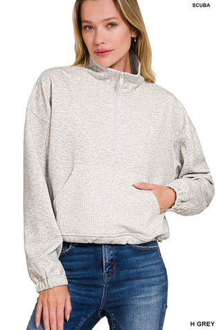 Zenana Scuba Half Zip Ribbed Detailed Pullover Heather Grey