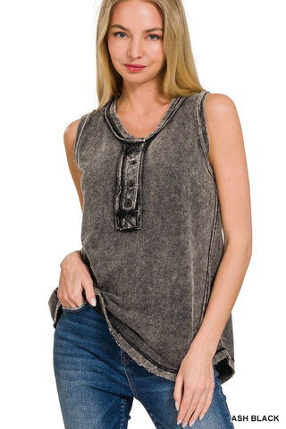 Zenana Washed Half-Button Sleeveless Henley Ash Black