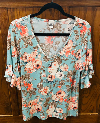 Sew In Love V-Neck Ruffle Sleeve Floral Top Mint Coral