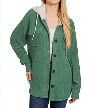 Zenana Brushed Ribbed Button Down Shacket Dark Green