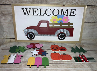 Red Truck Wood Wall Sign w/Seasonal Magnets