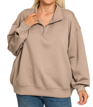 Zenana Scuba Half Zip Pullover with Pockets Cocoa