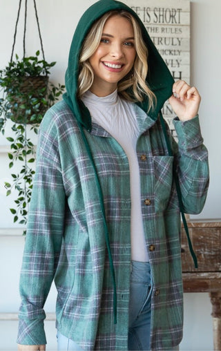 7th Ray Hooded Plaid Shacket Vintage Jade