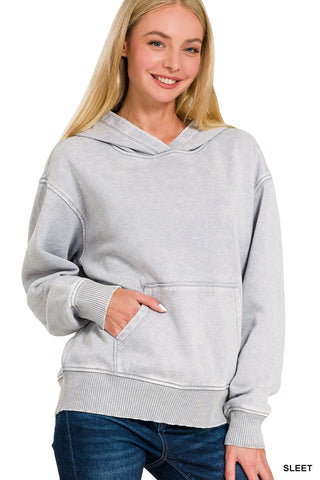 Zenana Fleece Acid Wash Kangaroo Pocket Hoodie Sleet