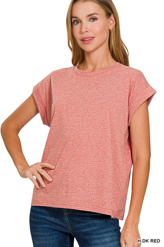 Zenana Folded Sleeve T-Shirt Heather Dark Red