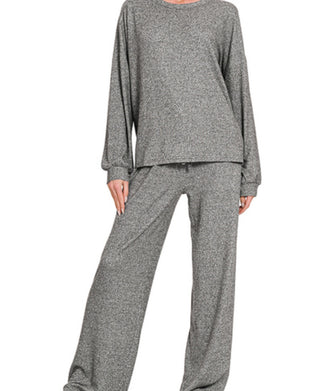 Zenana Soft Melange Hacci Long Sleeve Tee & Pants Set Black