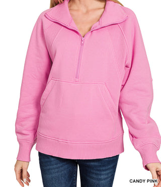 Zenana Half Zip Fleece Pullover W/ Kangaroo Pocket Candy Pink