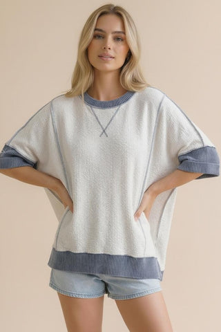 Haptics Round Neck Oversized Loose Fit Ribbed Top Ivory/Denim