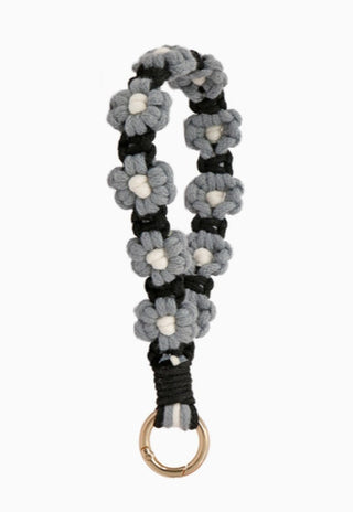 Adorro Macrame Daisy Wristlet Keychain Black