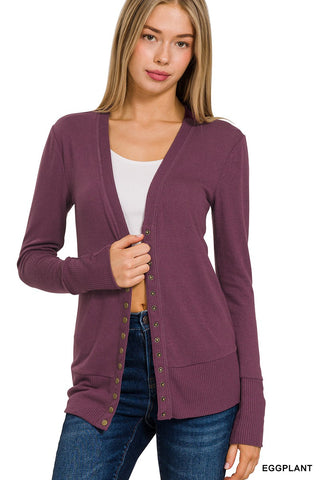 Zenana Snap Button Cardigan Eggplant