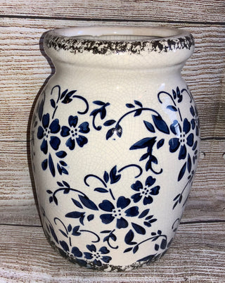Stoneware Vase w/Blue Floral Print
