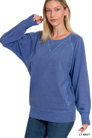 Zenana Pigment Dyed French Terry Pullover with Pockets Light Navy