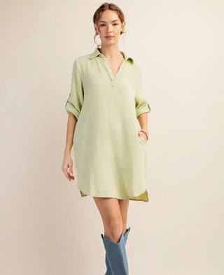 Kori America Cotton Button Mineral Wash Dress Green