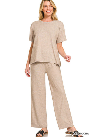 Zenana Soft Melange Short Sleeve/Pant Set Ash Mocha