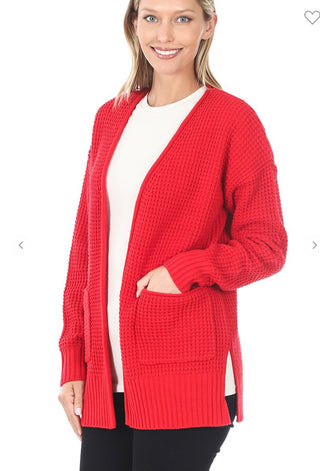 Zenana Waffle Open Cardigan Ruby