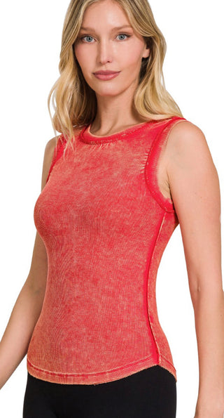 Zenana Washed Ribbed Tank Top with Exposed Seam Ruby