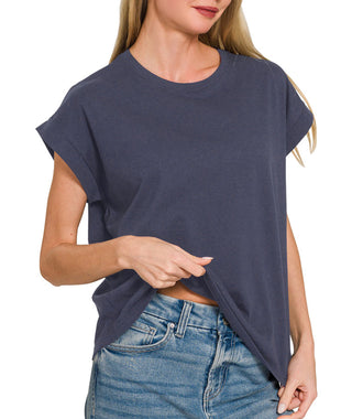 Zenana Folded Sleeve T-Shirt Navy