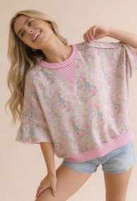 Haptics Oversized Flutter Sleeve Floral Top Blush/Pink