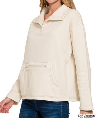Zenana Fleece Half Snap Button Front Sweatshirt Sand Beige