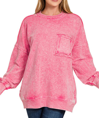 Zenana Halo Washed French Terry Exposed Seam Sweatshirt Red