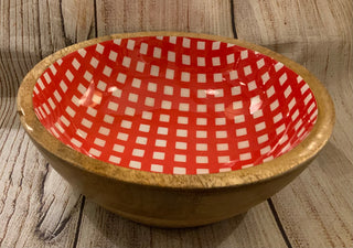 Gingham Red Enameled Wood Bowl