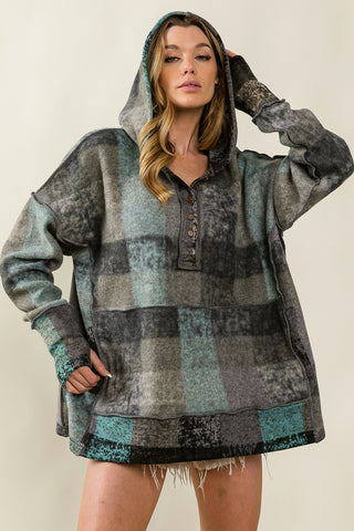 Bibi Overlock Edge Brushed Check Hoodie Grey Multi