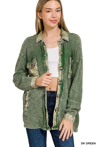 Zenana Cotton Waffle Acid Wash Shacket Dark Green