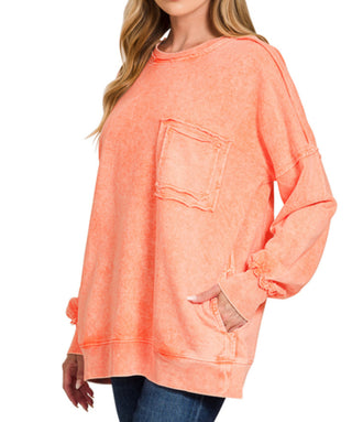 Zenana Halo Washed French Terry Exposed Seam Sweatshirt Orange