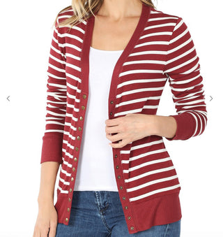 Zenana Striped Snap Button Cardigan Brick/Ivory