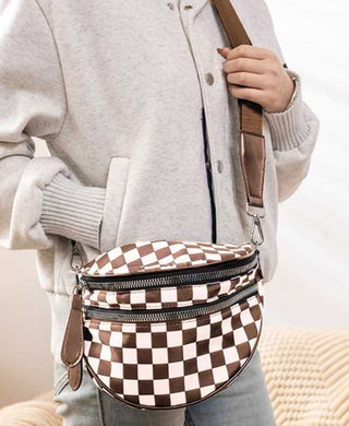 Zenana Double Zip Crescent Sling Bum Bag Brown Checkered