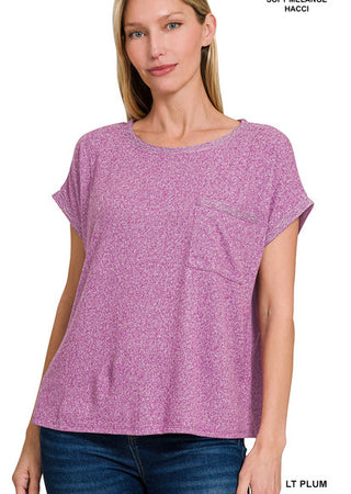 Zenana Melange Hacci Tee with Pocket Light Plum