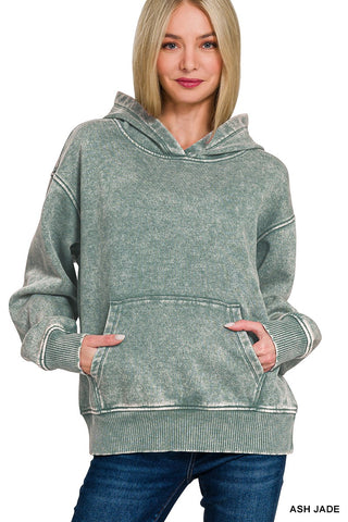 Zenana Fleece Acid Wash Kangaroo Pocket Hoodie Ash Jade