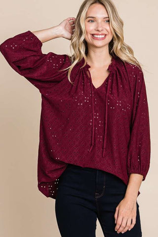 Culture Code Raglan Shirring 3/4 Sleeve Top Red Wine
