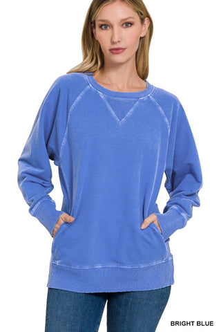 Zenana Pigment Dyed French Terry Pullover with Pockets Bright Blue