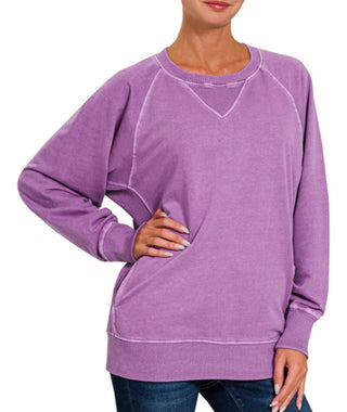 Zenana Pigment Dyed French Terry Pullover with Pockets Light Plum
