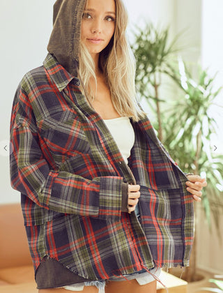 Multi Color Checkered Button Down Hoodie