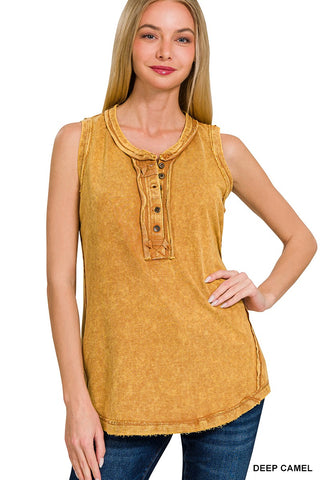 Zenana Washed Half Button Sleeveless Henley Deep Camel